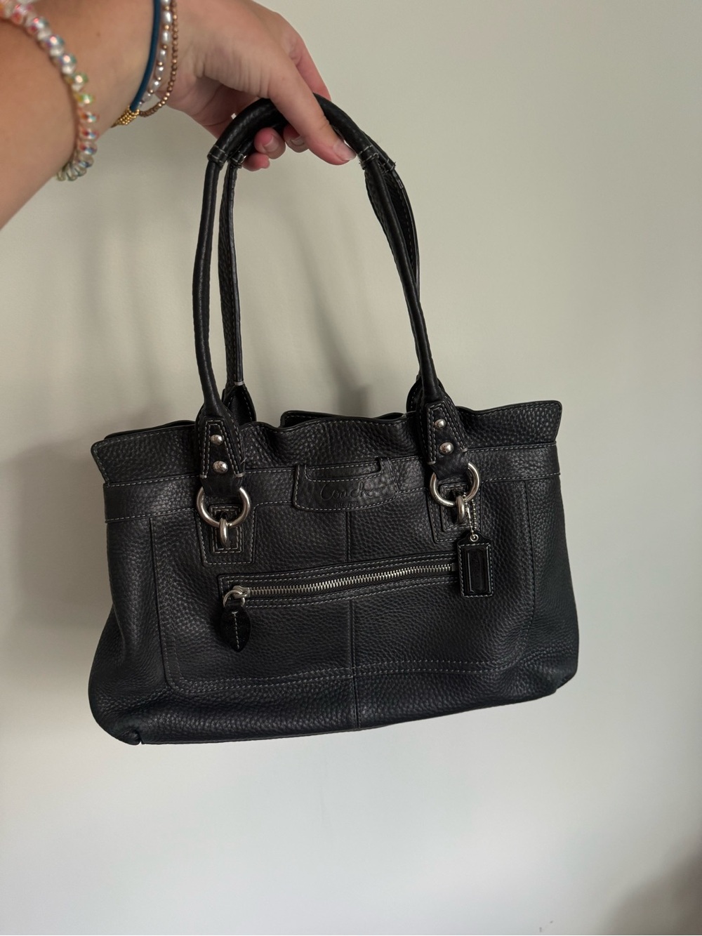 Vintage Coach Black Pebbled Leather Shoulder Bag with Silver Hardware